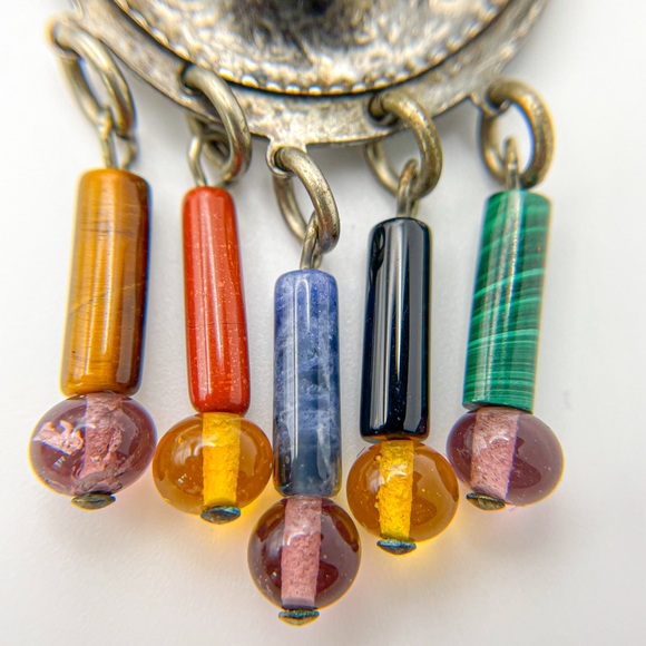 Vintage M. Baer 1980’s Silver Tone Stone Bead Dangle Clip On Earrings w Circle - Picture 3 of 10